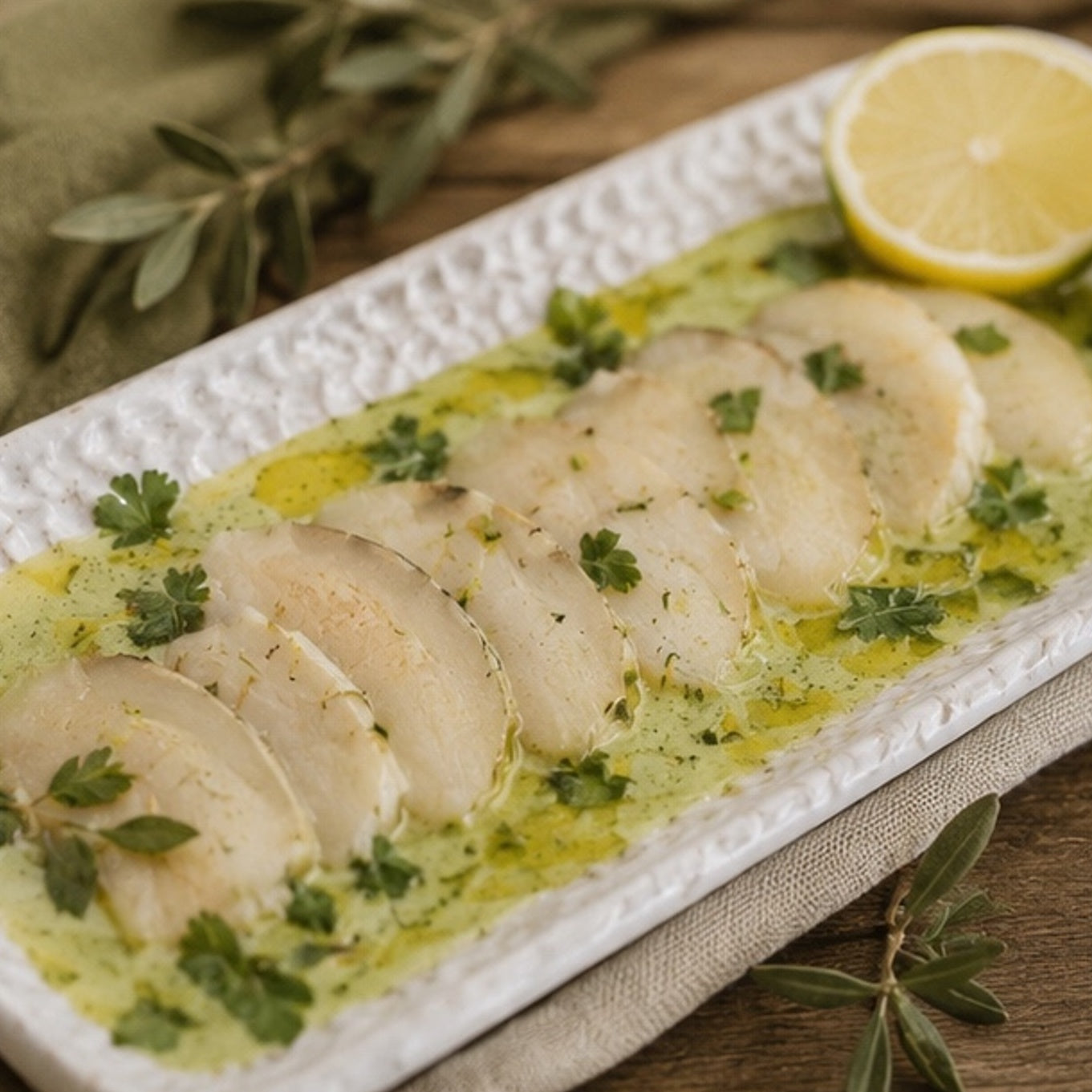 Carpaccio de Locos con Dip de Cilantro