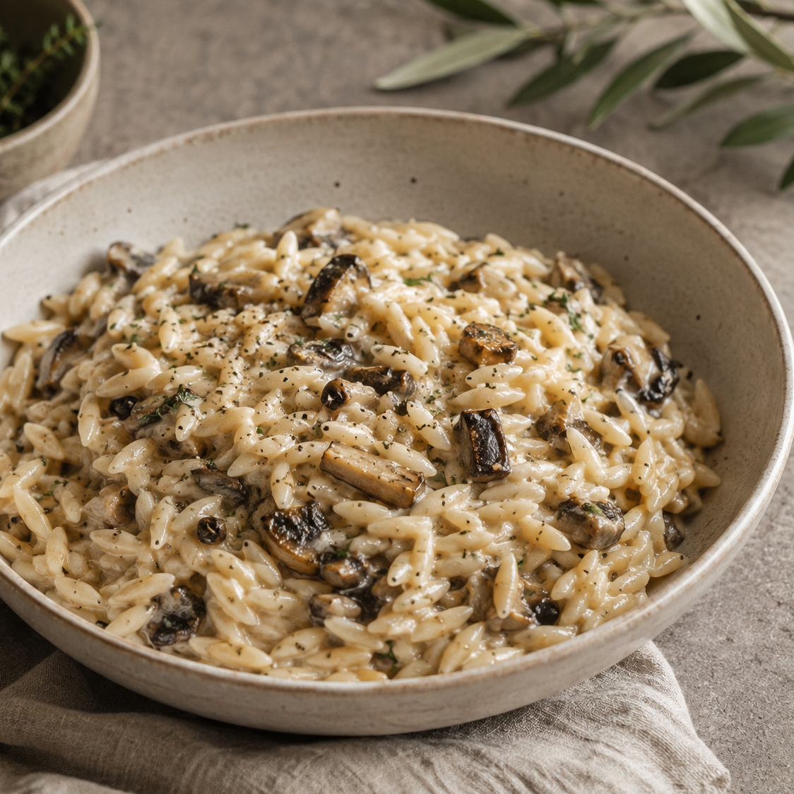 Cremoso Pasta Orzo con Setas