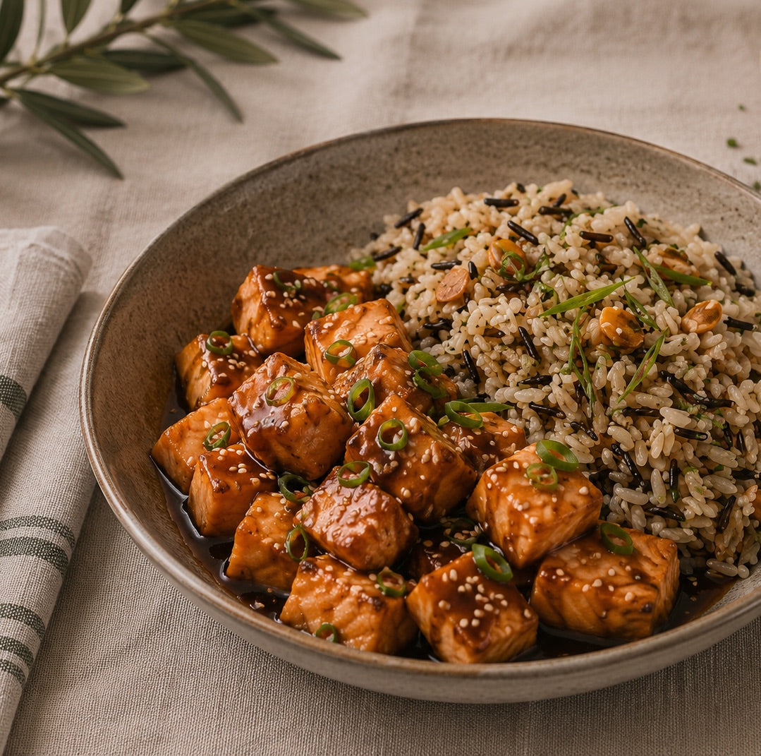 Cubitos de Salmón con Salsa Laska y Arroz Salvaje