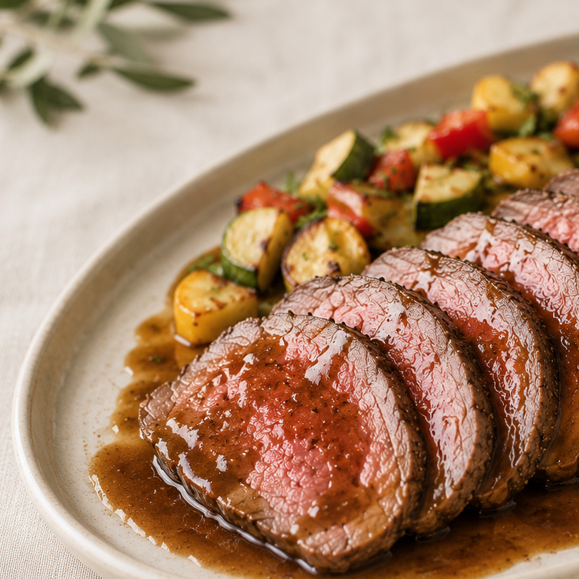 Roast de Filete con Verduras Grilladas y Salsa BBQ