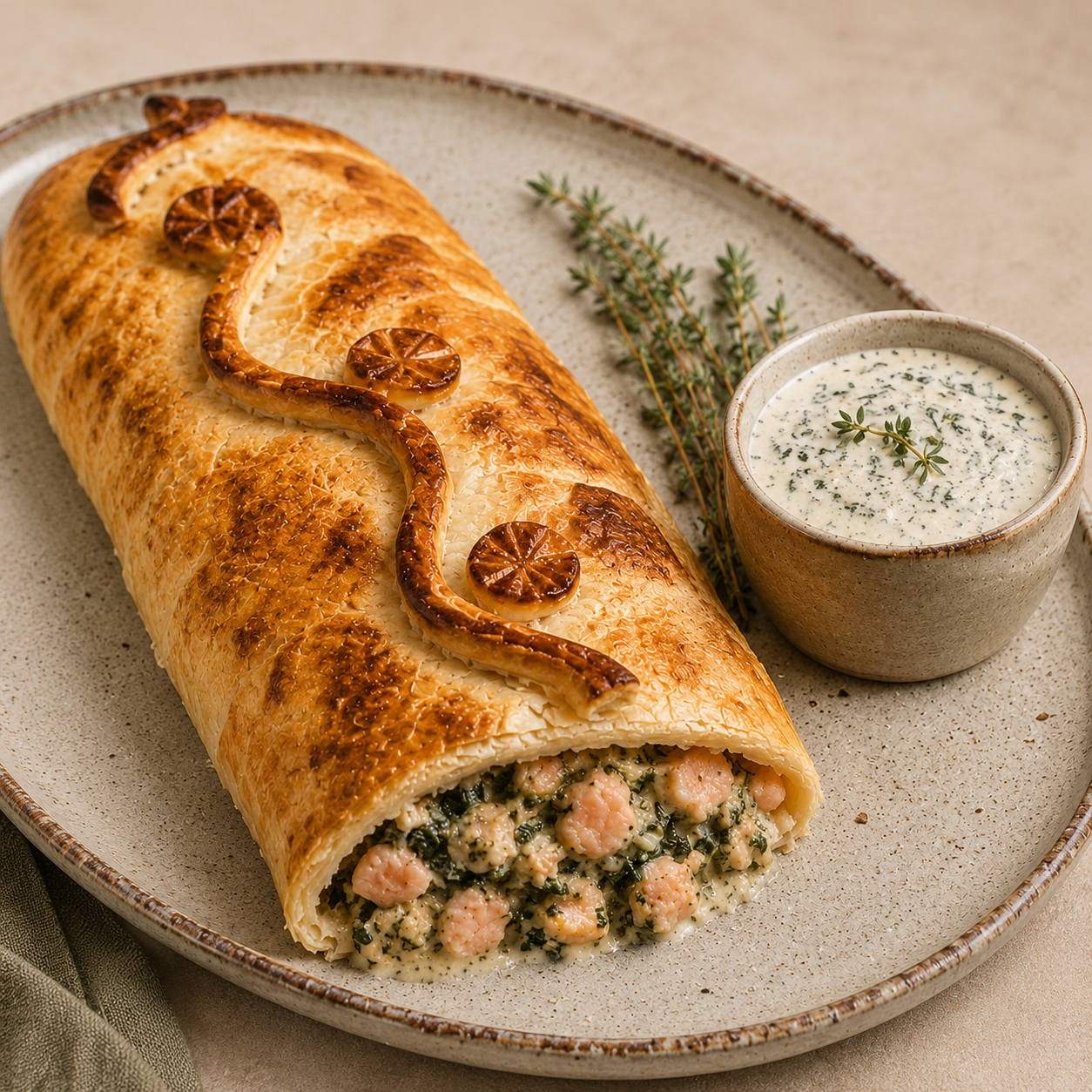 Strudel de Salmón Ricotta Espinaca y Salsa de Champiñones