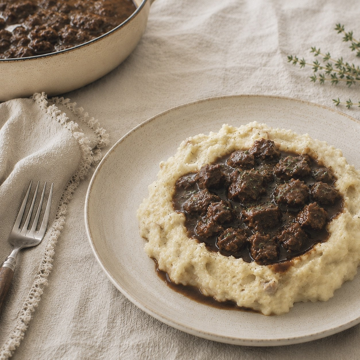 Boeuf Bourguignon con Puré Rústico