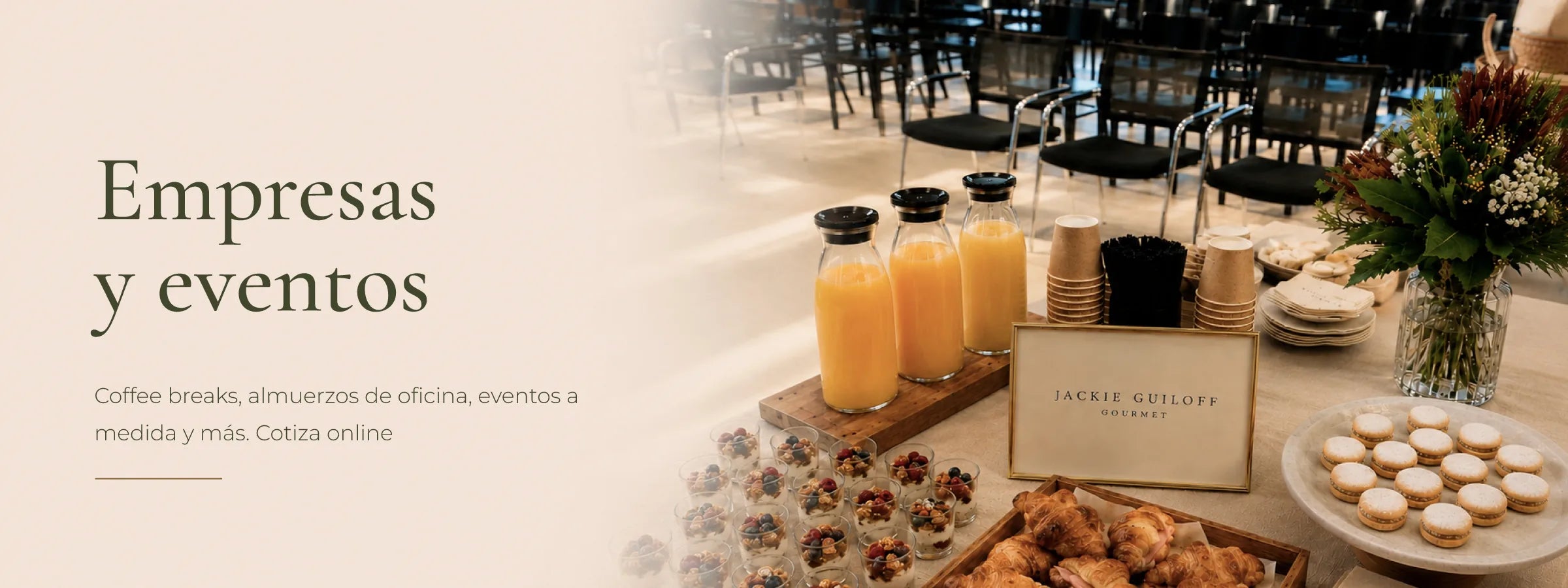 Empresas y eventos Jackie Guiloff: coffee breaks, almuerzos de oficina, eventos a medida y más. Cotiza online.