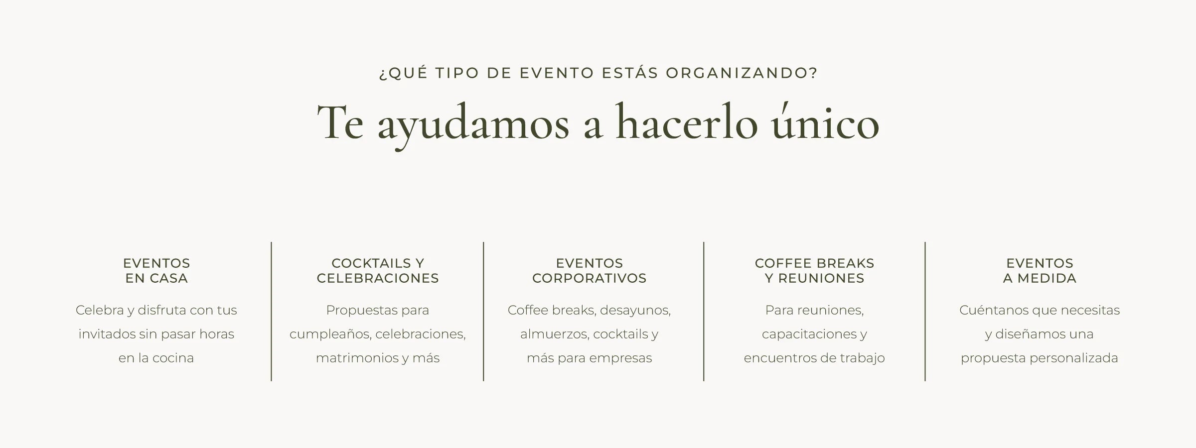 ¿Qué tipo de evento estás organizando? Eventos en casa, cocktails y celebraciones, eventos corporativos, coffee breaks y reuniones, y eventos a medida.