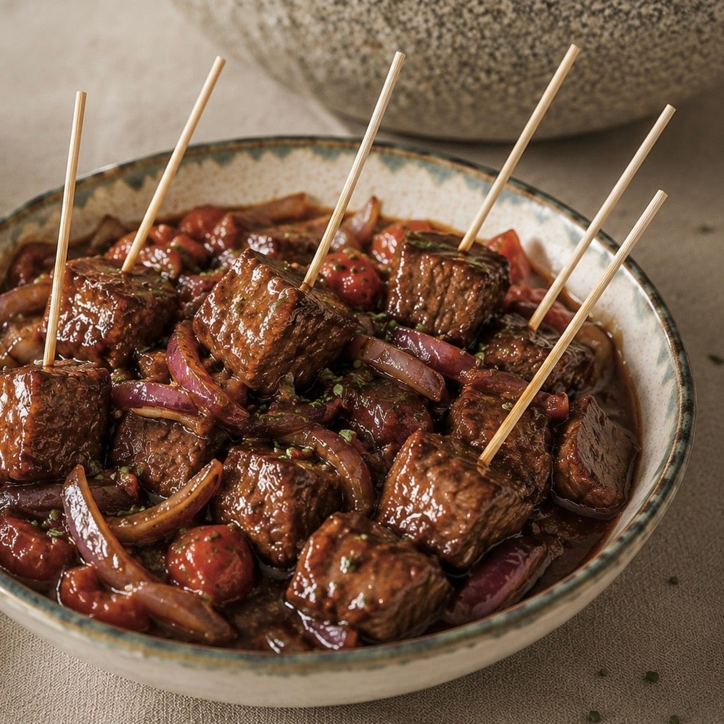 Pinchos de Filete con Salsa de Lomo Saltado