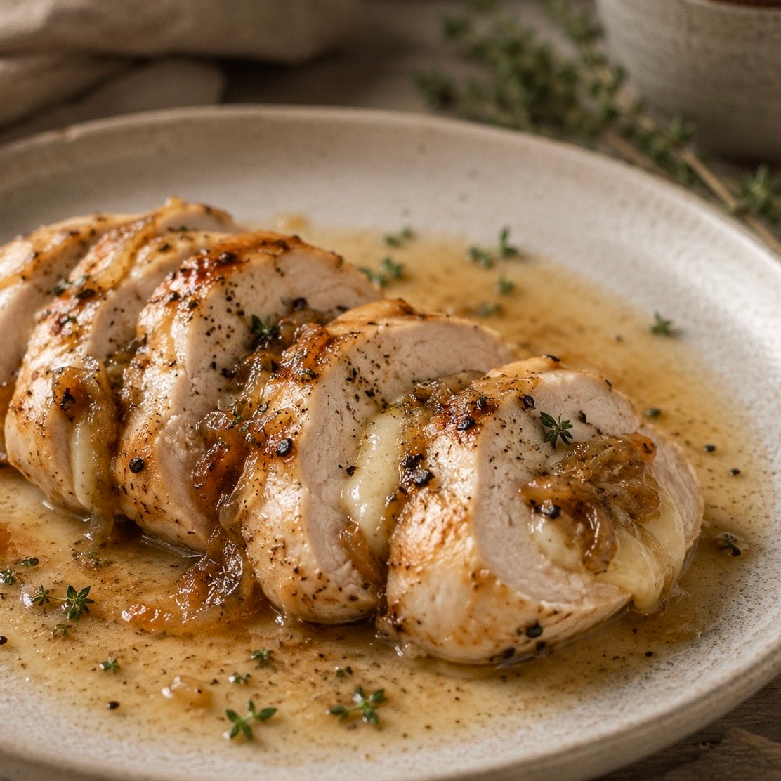 Pollo Relleno con Queso Brie y Cebolla Acaramelada