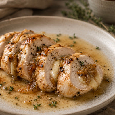 Pollo Relleno con Queso Brie y Cebolla Acaramelada