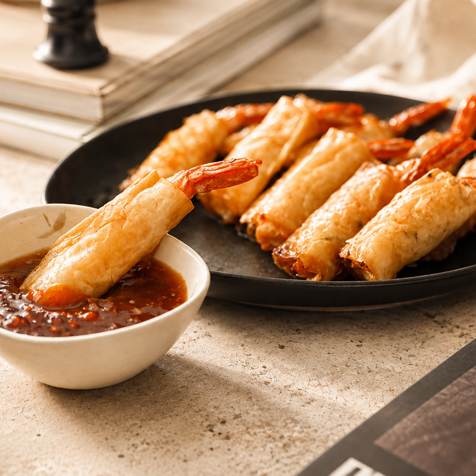 Rollitos de Camarones con Chutney de Maracuyá y Ají Amarillo