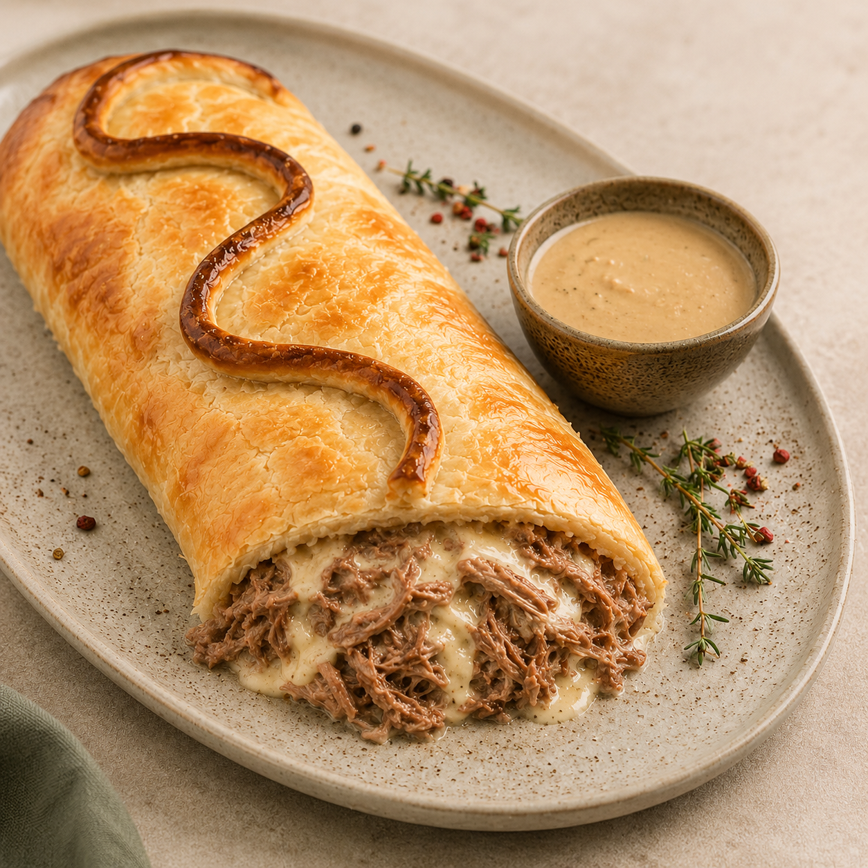 Strudel de Mechada Ricotta Cebolla Acaramelada y Salsa de Champiñones
