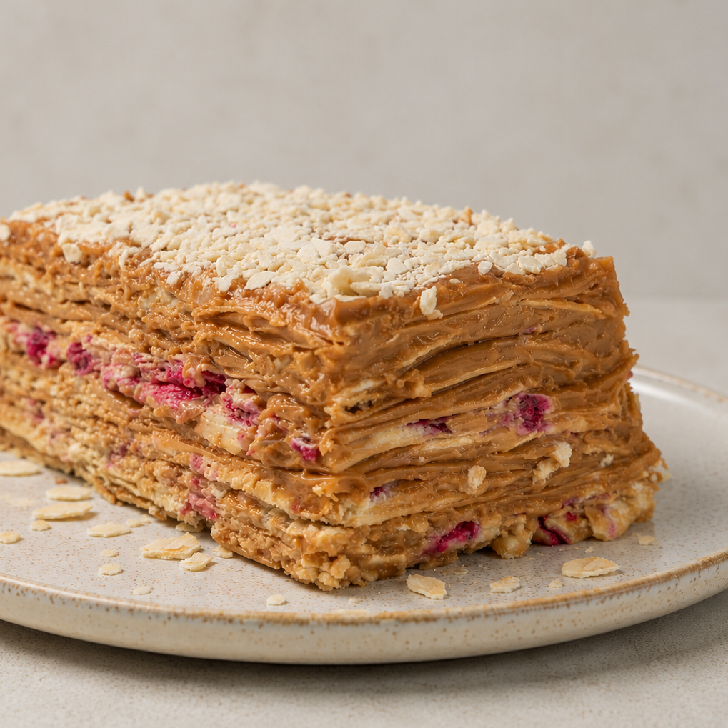 Torta Hojarasca Manjar Frambuesa y Toques de Crema